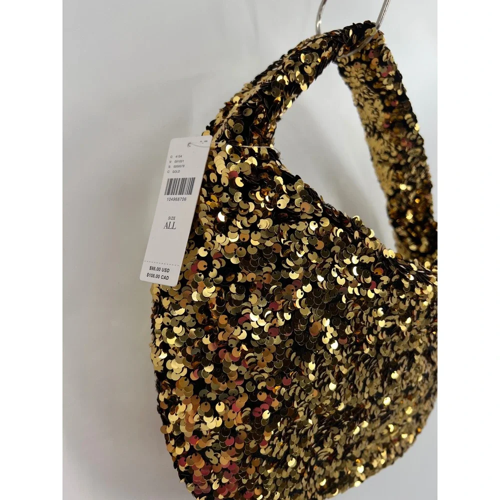 Anthropologie Paillette Mini Crescent Bag Gold Sequin Hobo Party Sparkle NWT